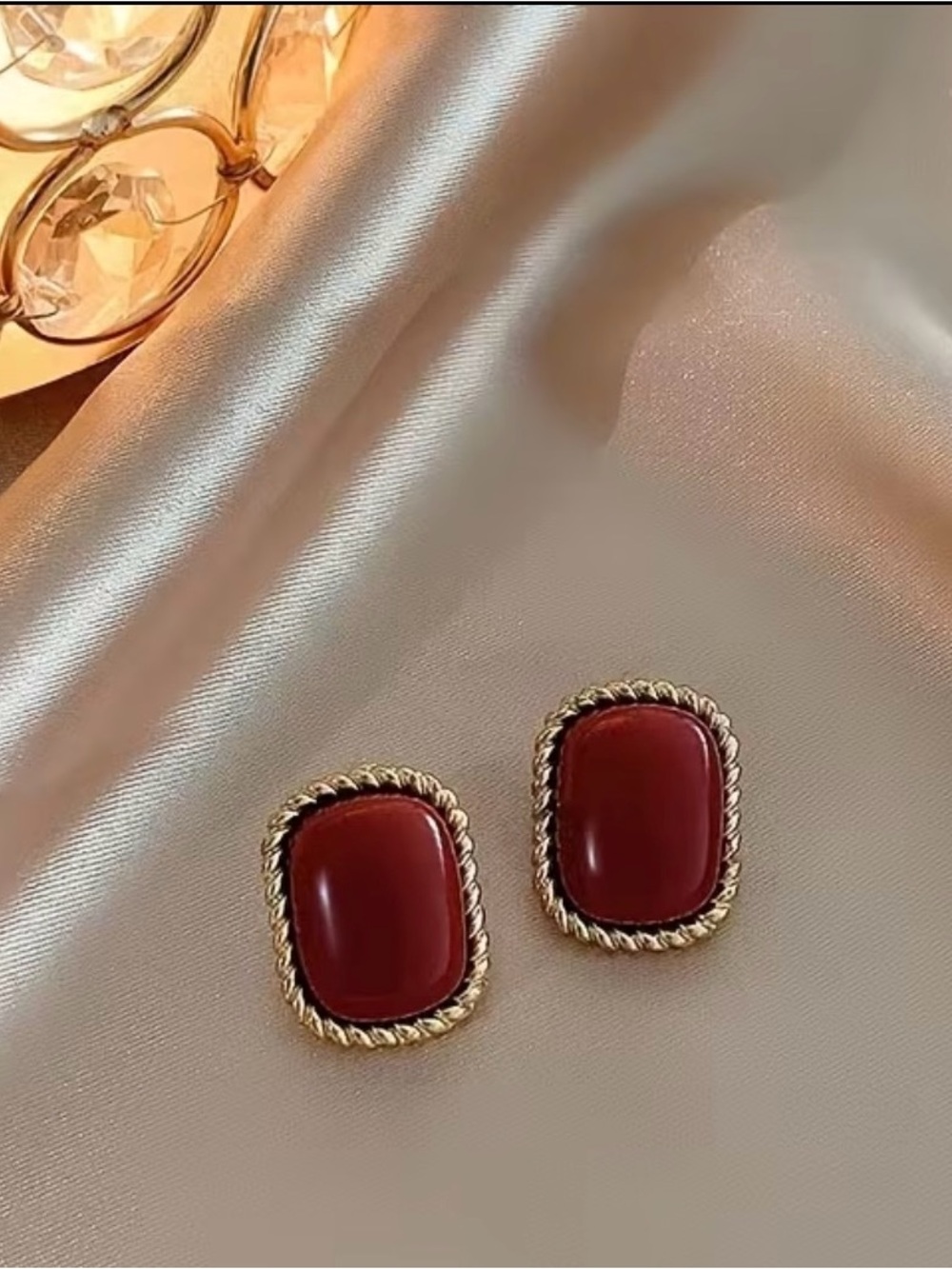 Gold-Trim Red Glass Stud Earrings